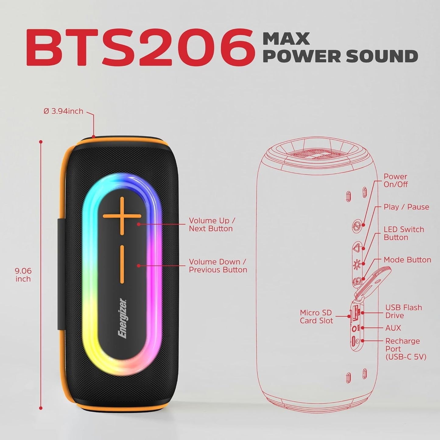 Energizer Bluetooth Speaker with Power Bank | BTS206-BK